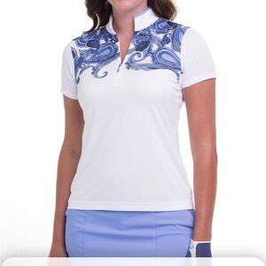 EPNY Womens Spilt Mock Printed Golf Polo Size M Blue White NWT